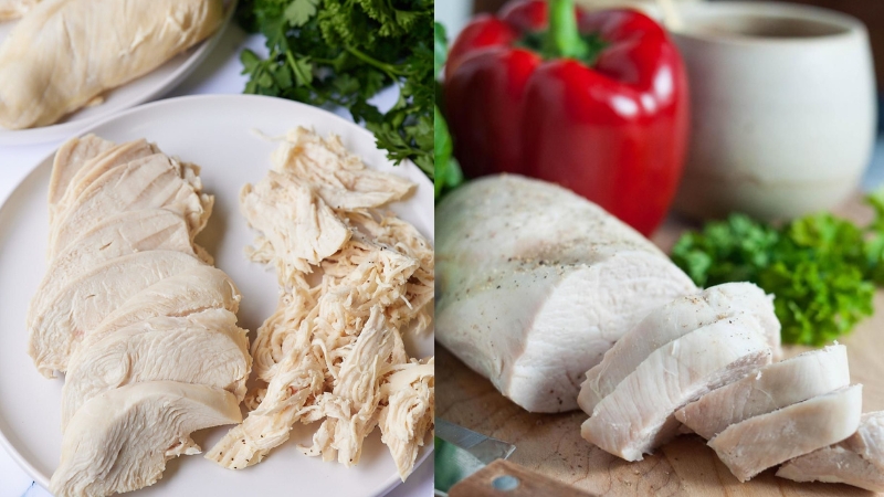 Thịt gà luộc và xé sợi để chuẩn bị làm chà bông gà